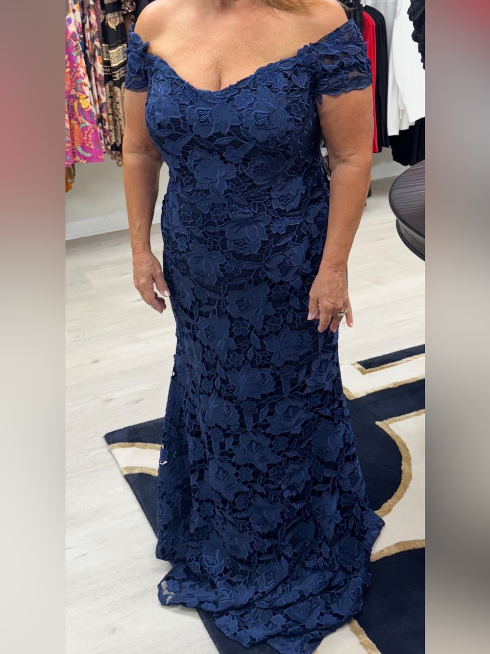 Ivonne D 122D65 long formal mother of the bride lace evening dress in navy blue